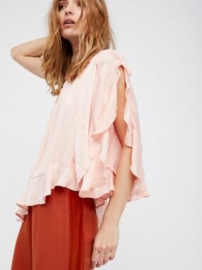 Free People Around The World One Shoulder Blush Pink Ruffle Top M